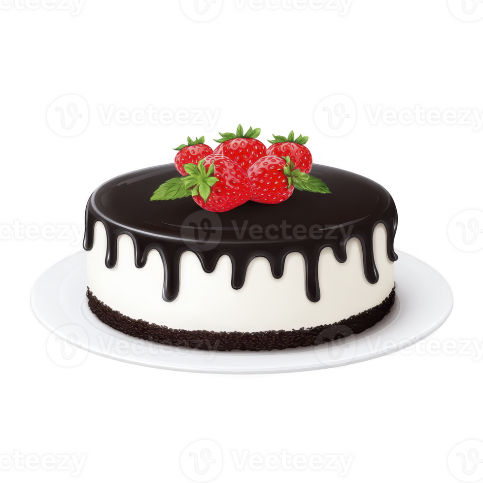 Delicious chocolate cake with white frosting and glossy chocolate drip is topped with fresh strawberries and mint leaves, creating visually appealing dessert png