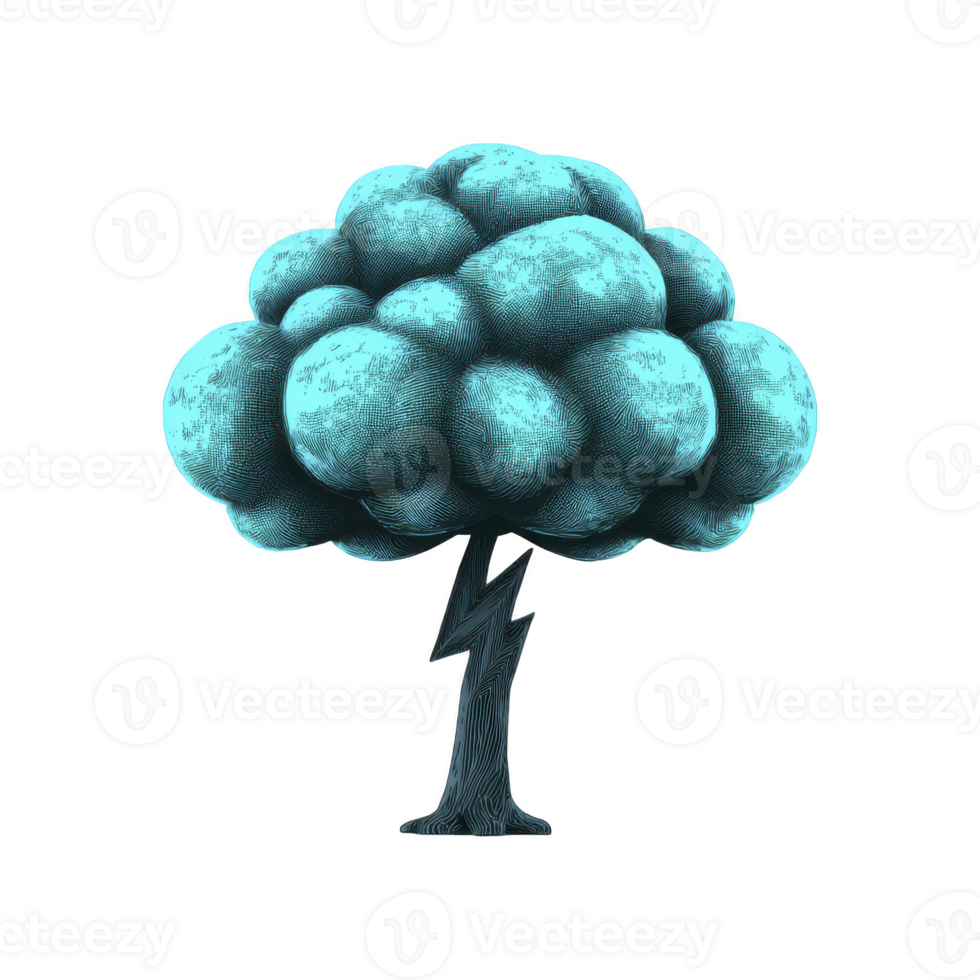 Stylized illustration of tree with cloud like canopy and lightning bolt trunk, symbolizing nature and energy. blue hues create surreal and imaginative atmosphere png