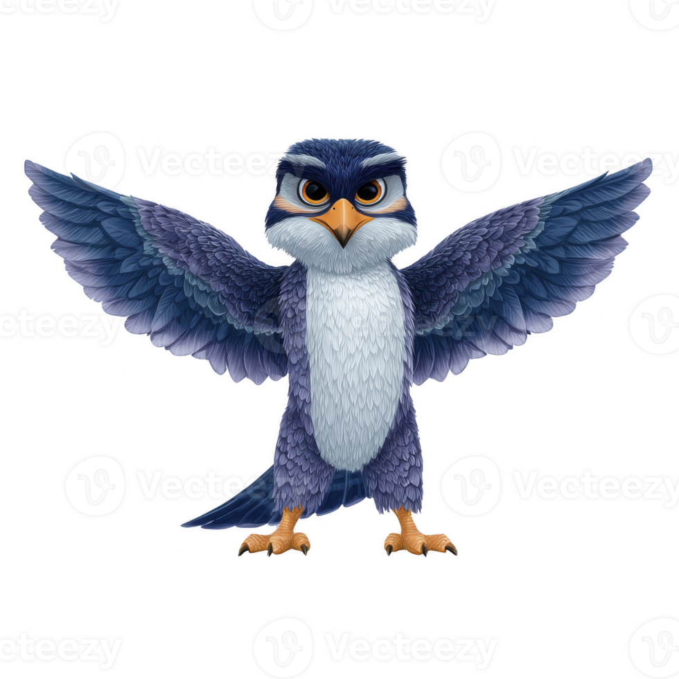 Cartoon owl with blue and white feathers stands with wings spread wide, displaying confident and expressive demeanor. owl detailed plumage and intense gaze add character to illustration png