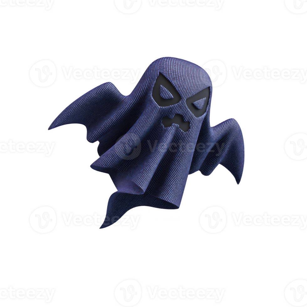 Spooky, cartoon style ghost with dark, menacing expression and bat like wings, floating in mid air. ghost is depicted in shades of blue and black, creating mysterious and eerie atmosphere png