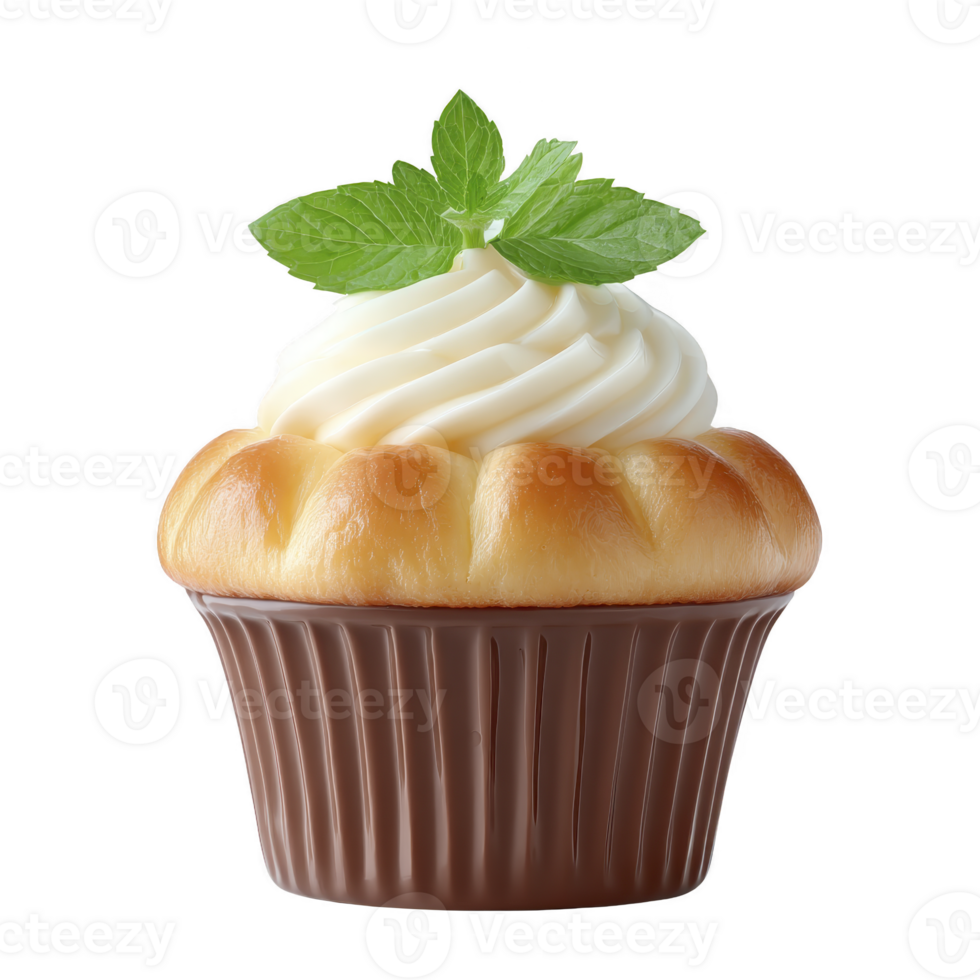 Delicious cupcake with creamy frosting and mint garnish sits in chocolate colored wrapper, creating delightful and appetizing treat png