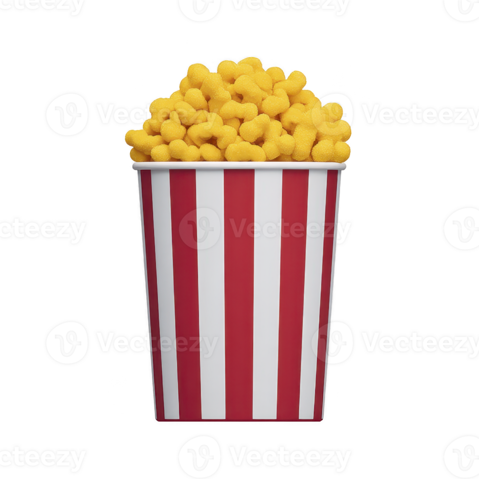 Red and white striped popcorn bucket filled with yellow cheese puffs, creating playful and appetizing snack display. vibrant colors and texture evoke fun, casual atmosphere png