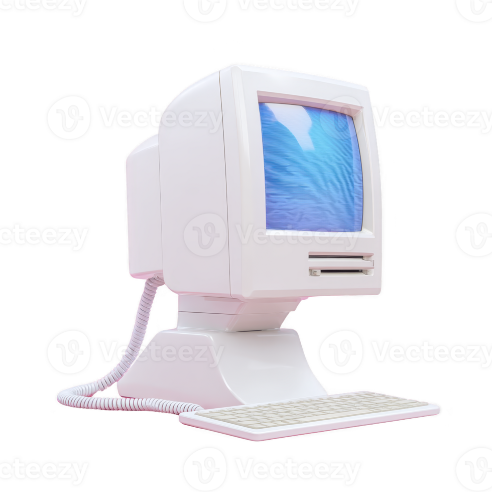 Retro style computer with CRT monitor and keyboard evokes nostalgia. vintage design features curved screen and wired keyboard, reminiscent of early personal computers png