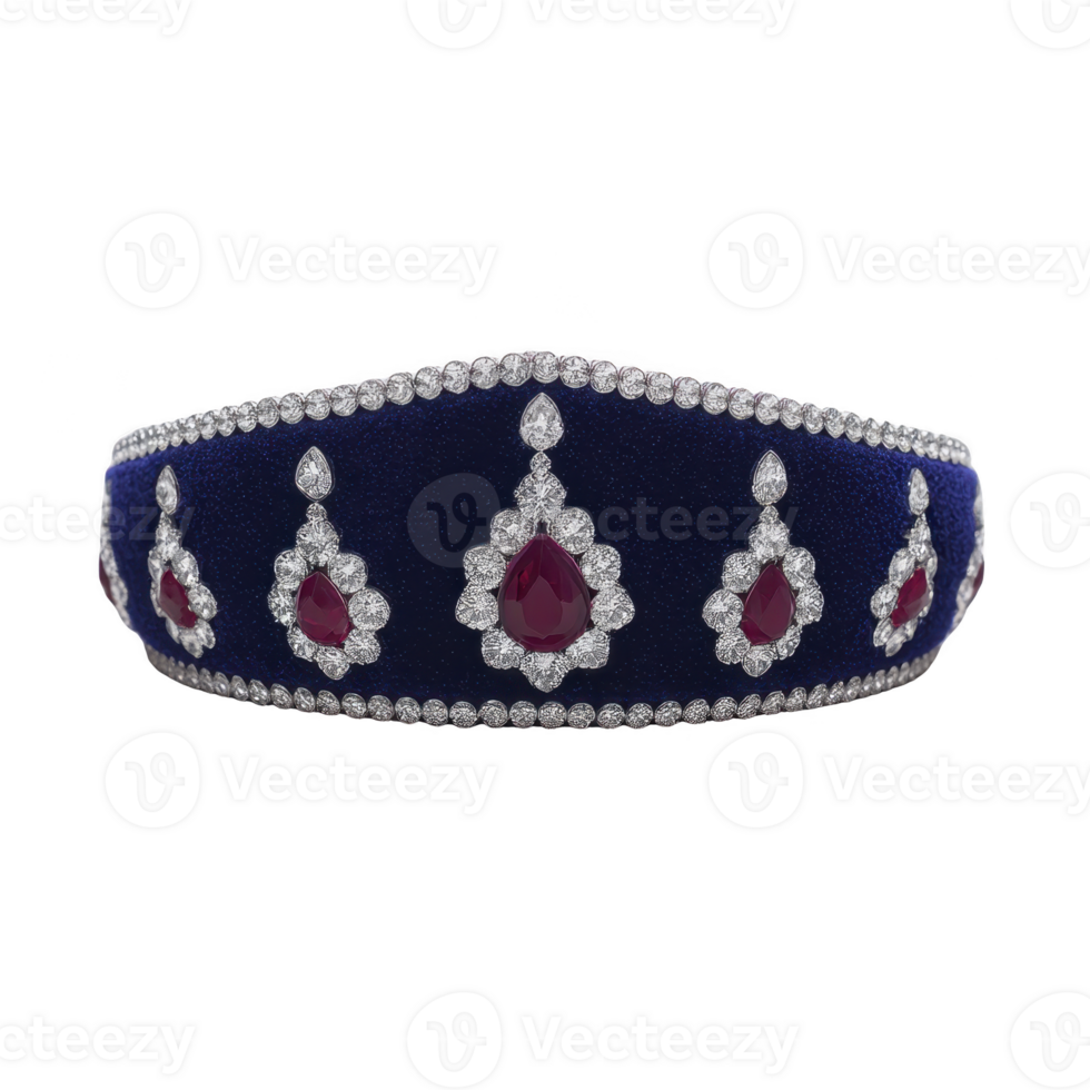 Luxurious tiara adorned with sparkling diamonds and vibrant red gemstones, set against deep blue background, exuding elegance and sophistication png
