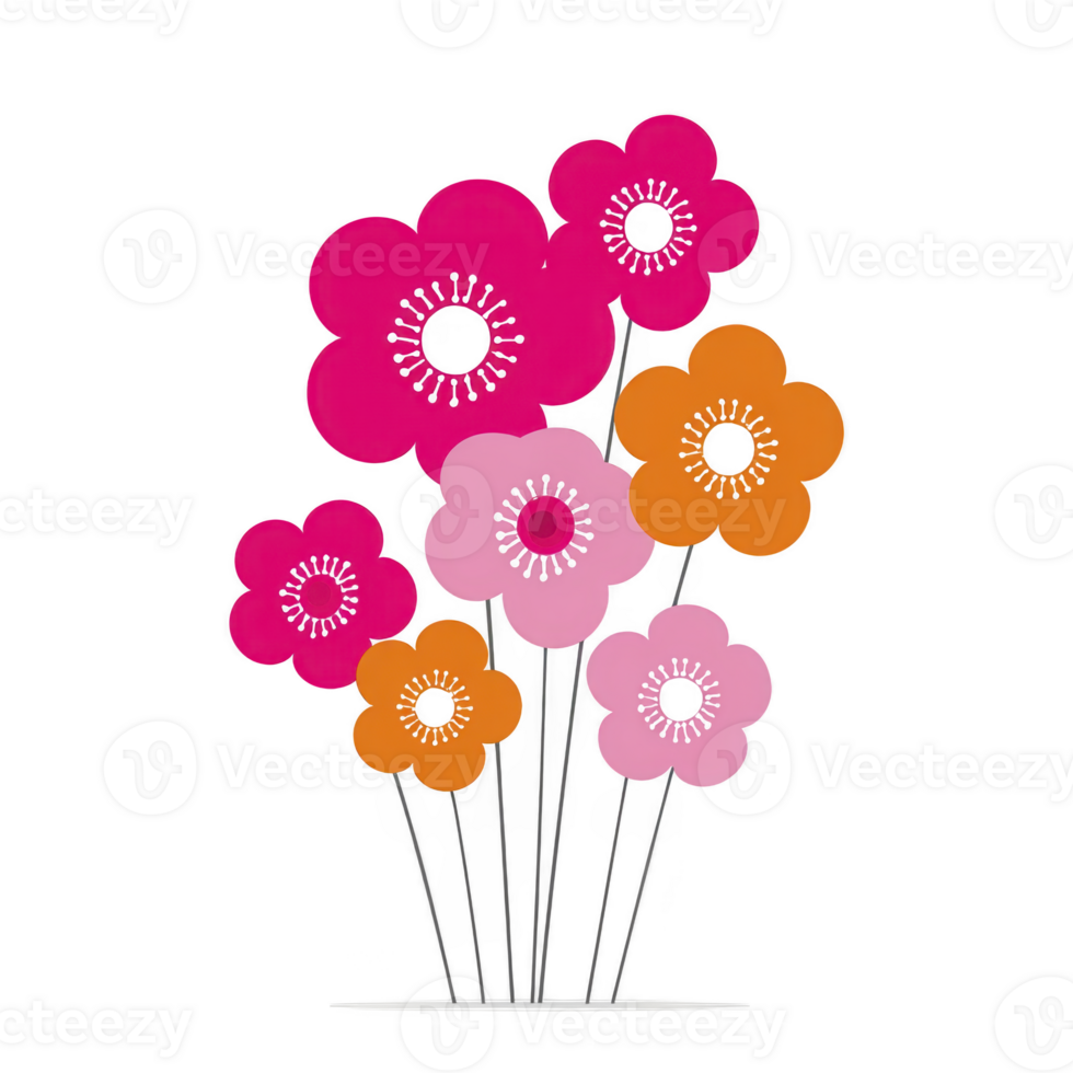 Colorful abstract flowers with pink and orange petals create vibrant and cheerful design. simple, stylized shapes give modern and playful feel png