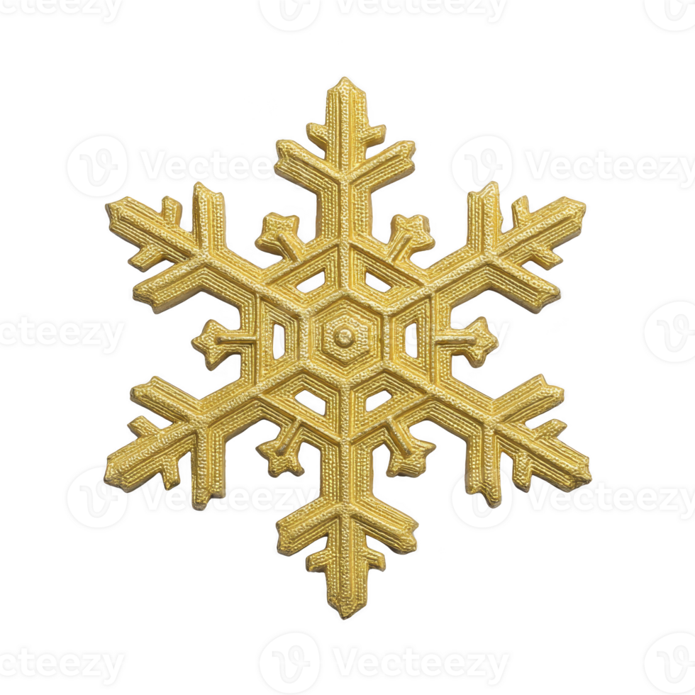 Golden snowflake with intricate patterns and shiny texture, symbolizing winter and holiday themes, isolated on transparency background png