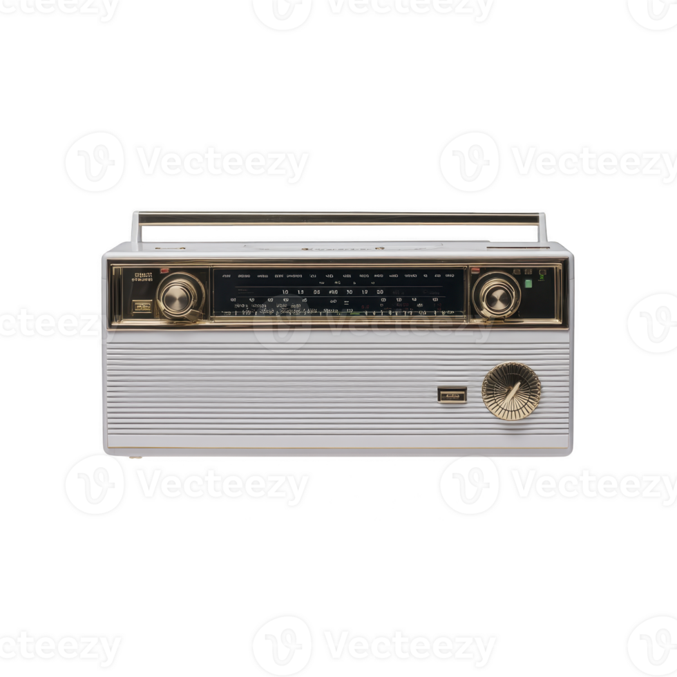 Vintage radio with classic design features rectangular shape, two large dials, and frequency display. radio retro aesthetic evokes nostalgia and charm png