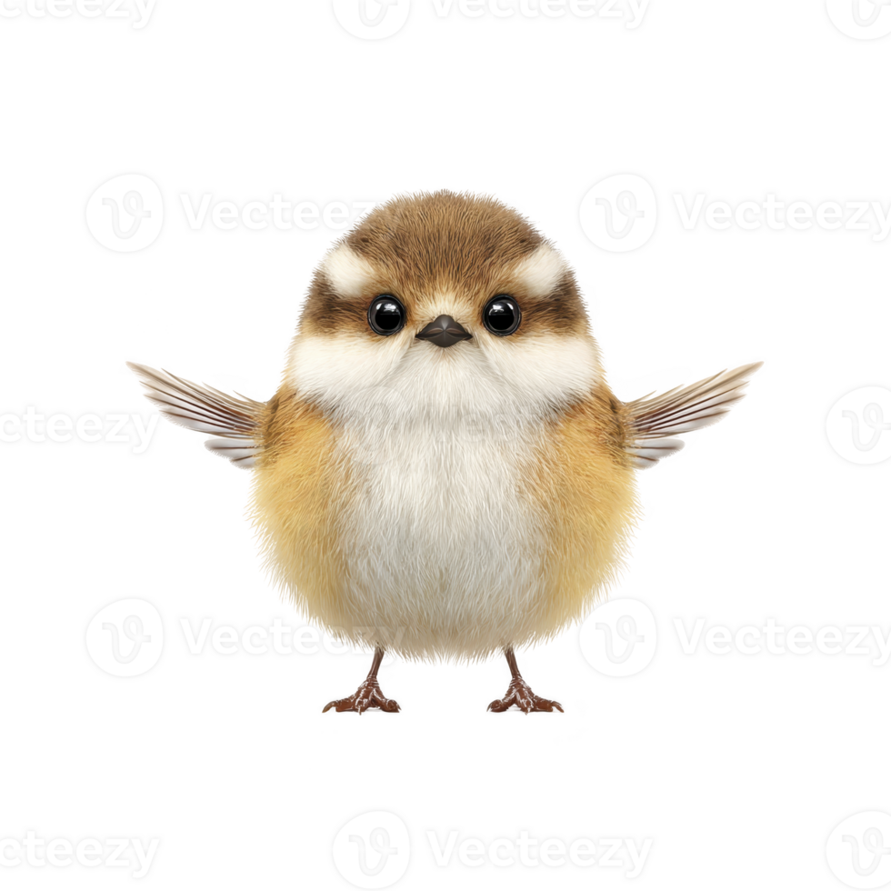 Cute, fluffy bird with round eyes and small wings stands with cheerful expression. Its soft brown and white feathers give it adorable appearance, resembling cartoon character png