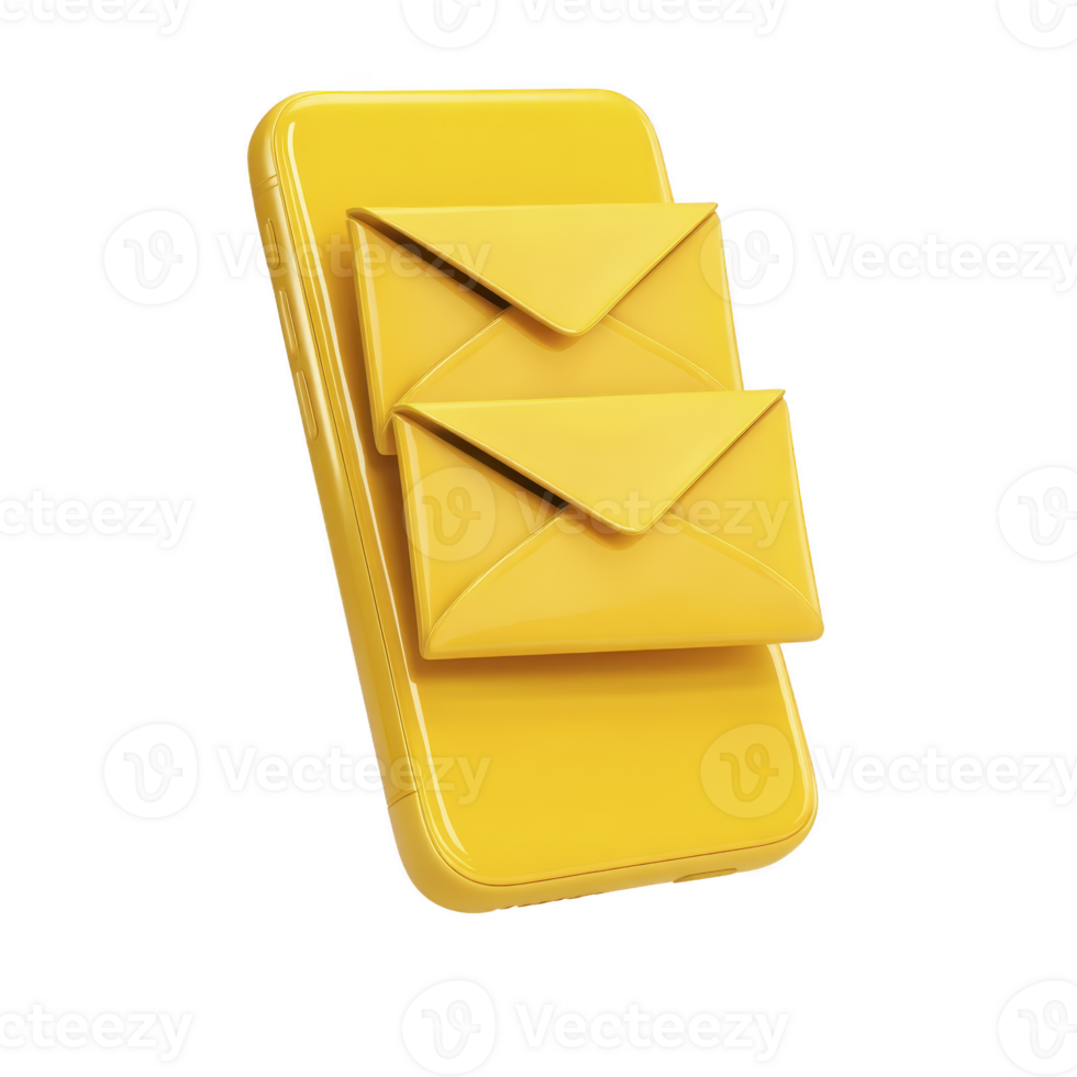 Yellow smartphone with two yellow envelopes symbolizes digital communication and email. vibrant color and modern design convey sense of connectivity and technology png