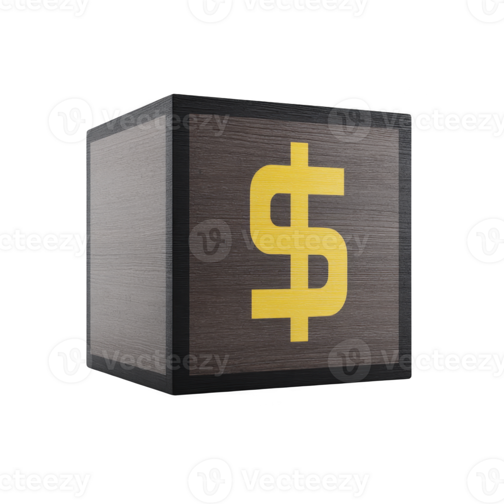 Wooden cube with prominent yellow dollar sign on its side, symbolizing finance or wealth. cube texture and color contrast with bright symbol, creating striking visual png
