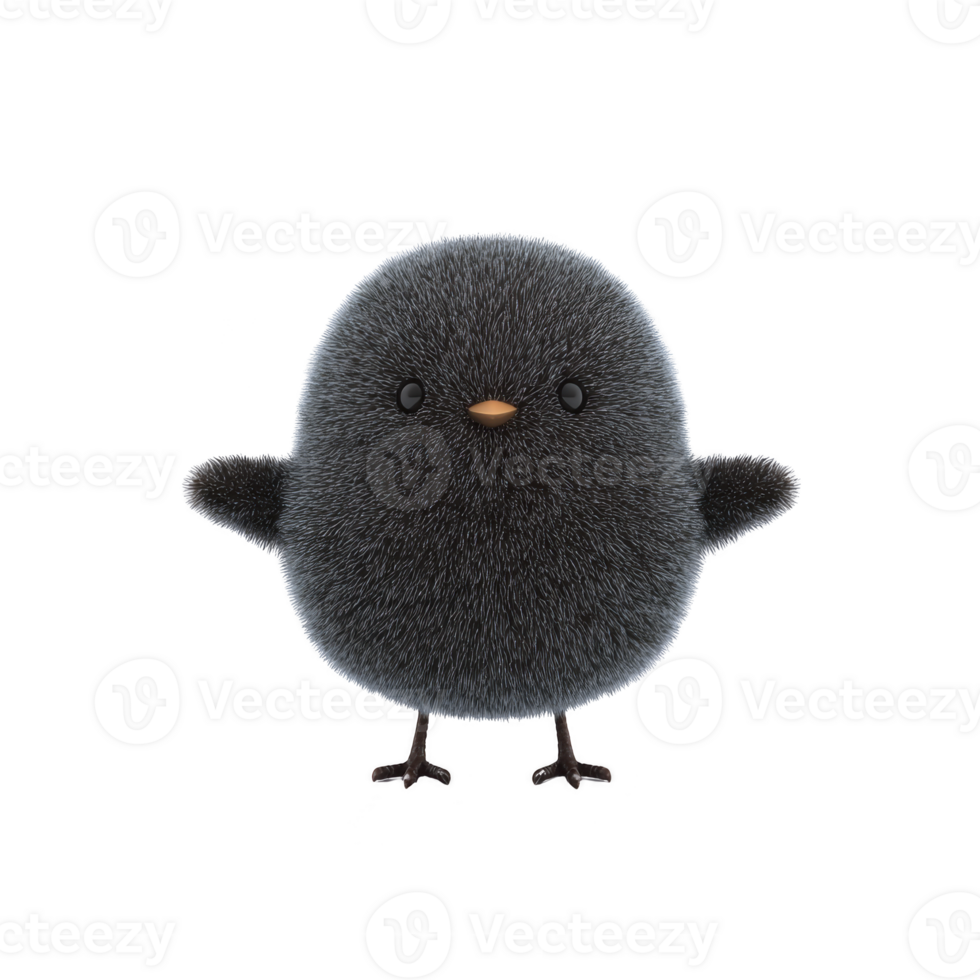 Cute, fluffy black bird with tiny wings and small beak stands against transparency background, exuding playful and adorable charm png