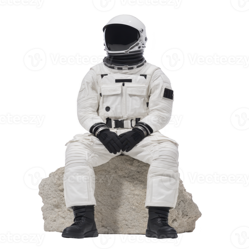 Astronaut in white spacesuit sits on rock, evoking sense of exploration and adventure. suit features black gloves and boots, with reflective helmet png