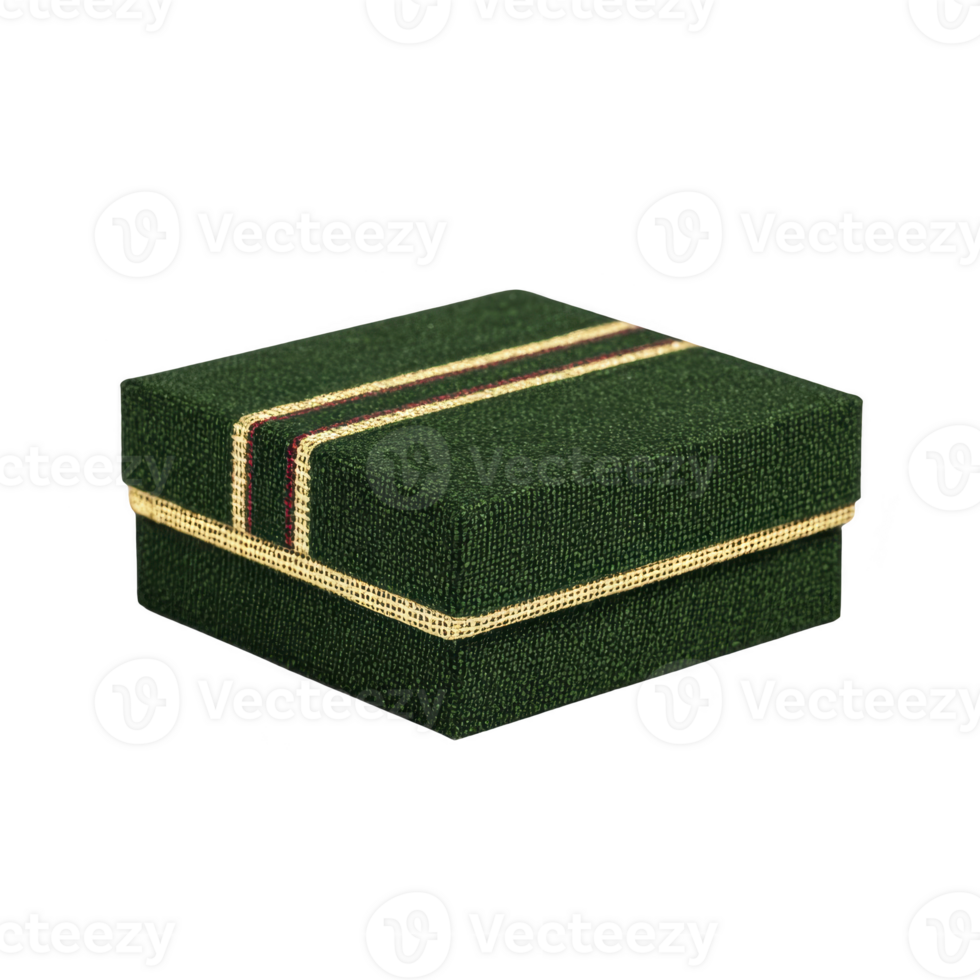 Small, elegant green gift box with textured surface and decorative gold and red stripes, perfect for special occasions. box exudes sense of luxury and sophistication png