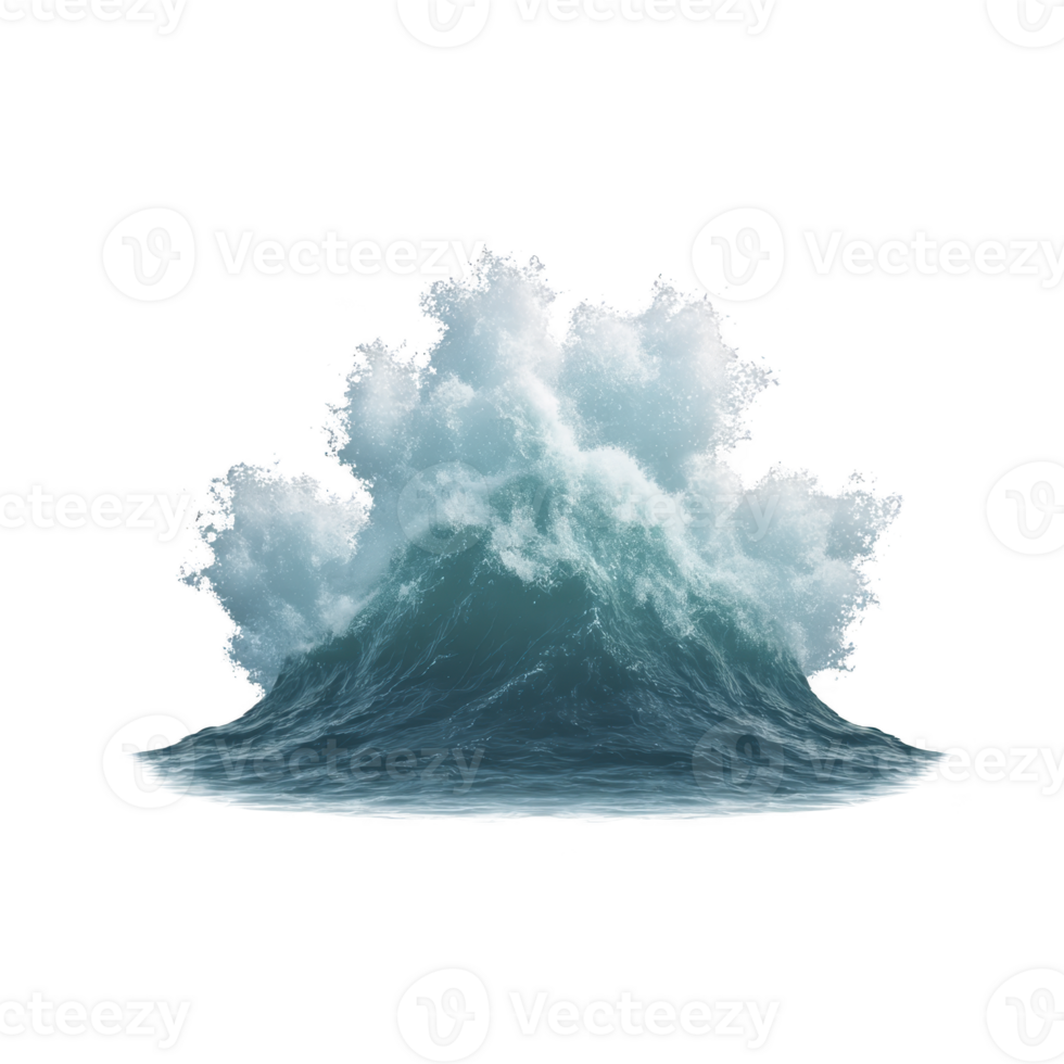 Powerful ocean wave crashes with dynamic energy, showcasing beauty and force of nature. frothy white crest contrasts with deep blue water, creating dramatic scene png