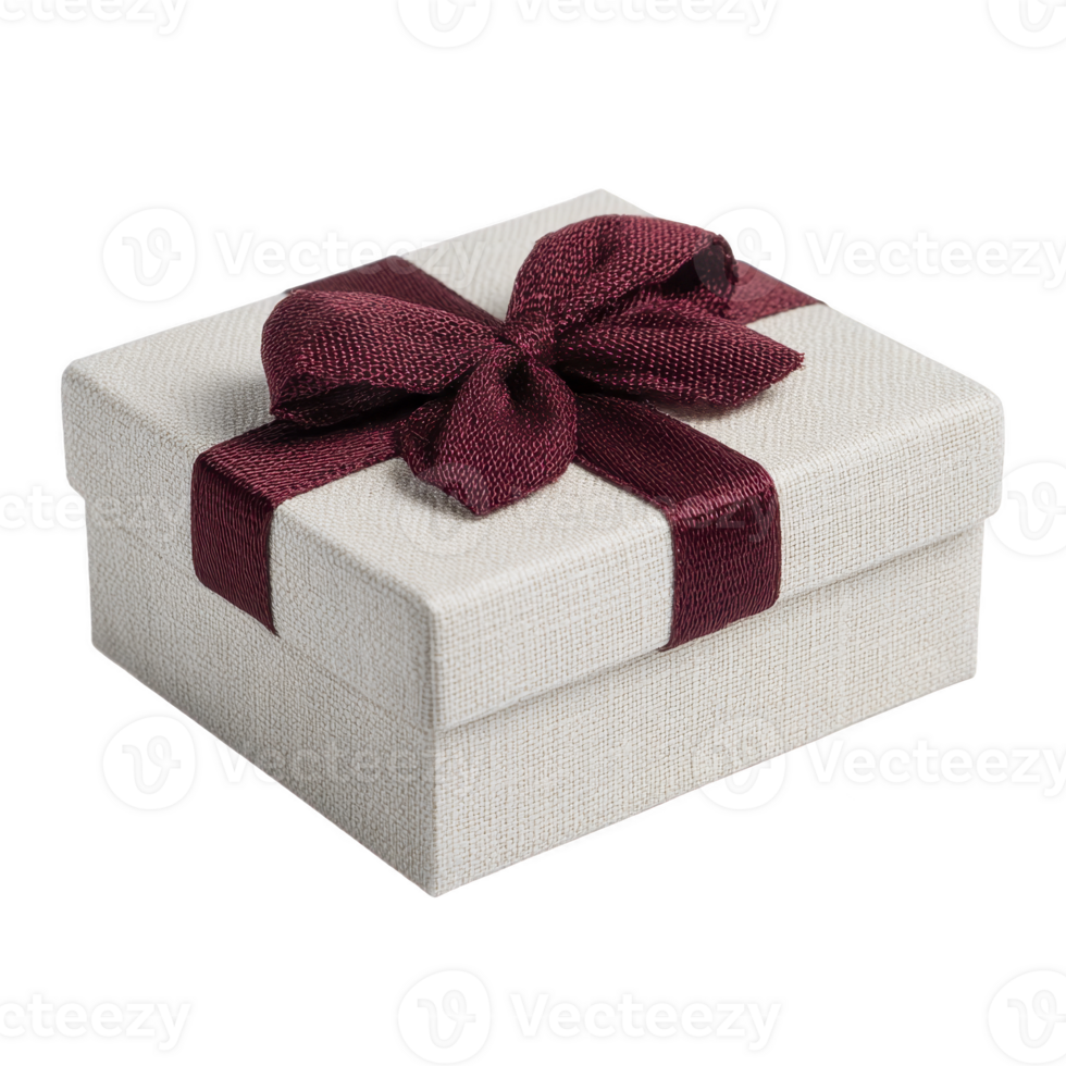 Small, elegant gift box with textured white surface is adorned with deep red ribbon tied in bow, perfect for special occasions png