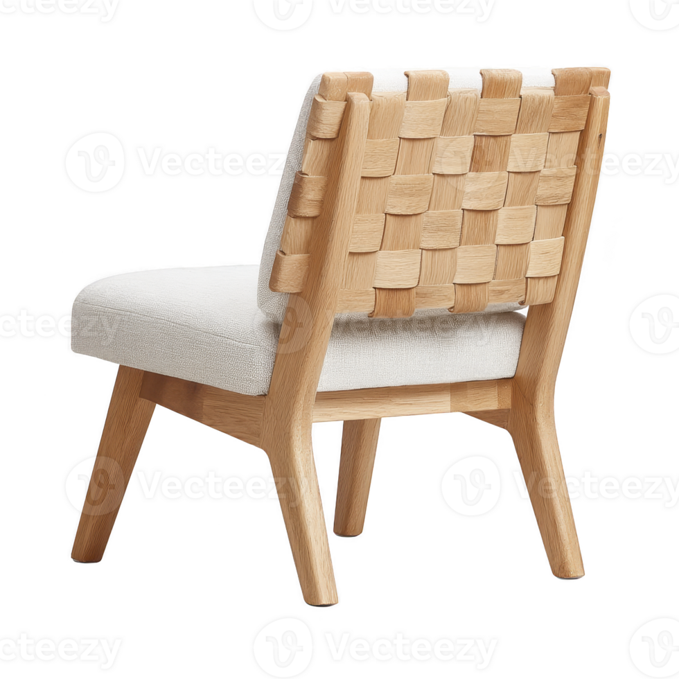 Modern wooden chair with woven backrest and cushioned seat, showcasing minimalist design. light wood and neutral fabric create stylish and comfortable seating option png
