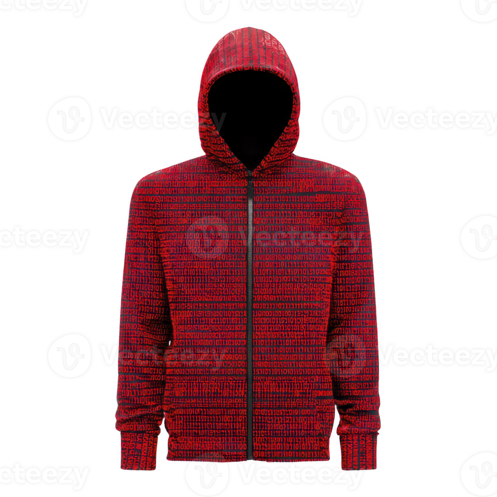 Red hooded jacket with binary code pattern creates tech inspired look. hoodie features zip up front and long sleeves, blending fashion with digital elements png