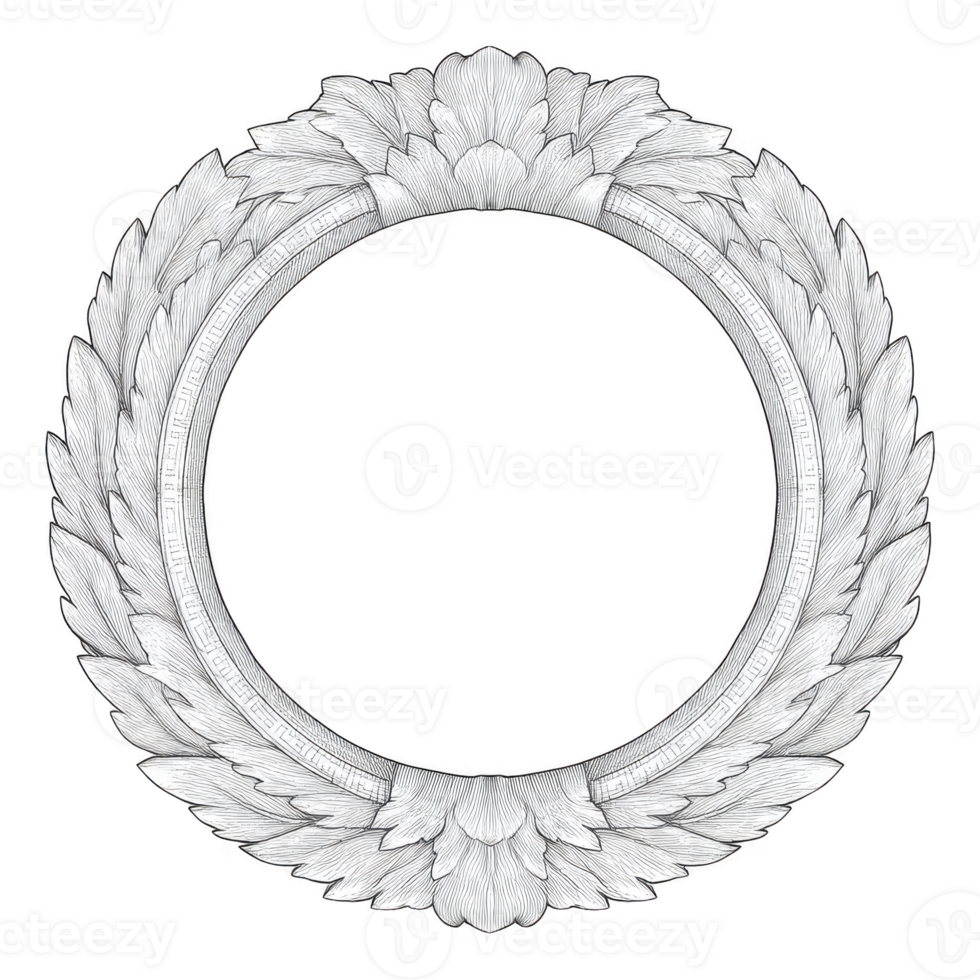Detailed, circular laurel wreath with intricate leaf patterns, symbolizing victory and achievement. monochrome design adds classic and elegant touch, suitable for awards or decorative purposes png