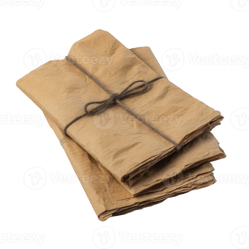 Stack of vintage brown paper tied with rustic string, evoking sense of nostalgia and history. crumpled texture adds antique charm, perfect for creative projects png