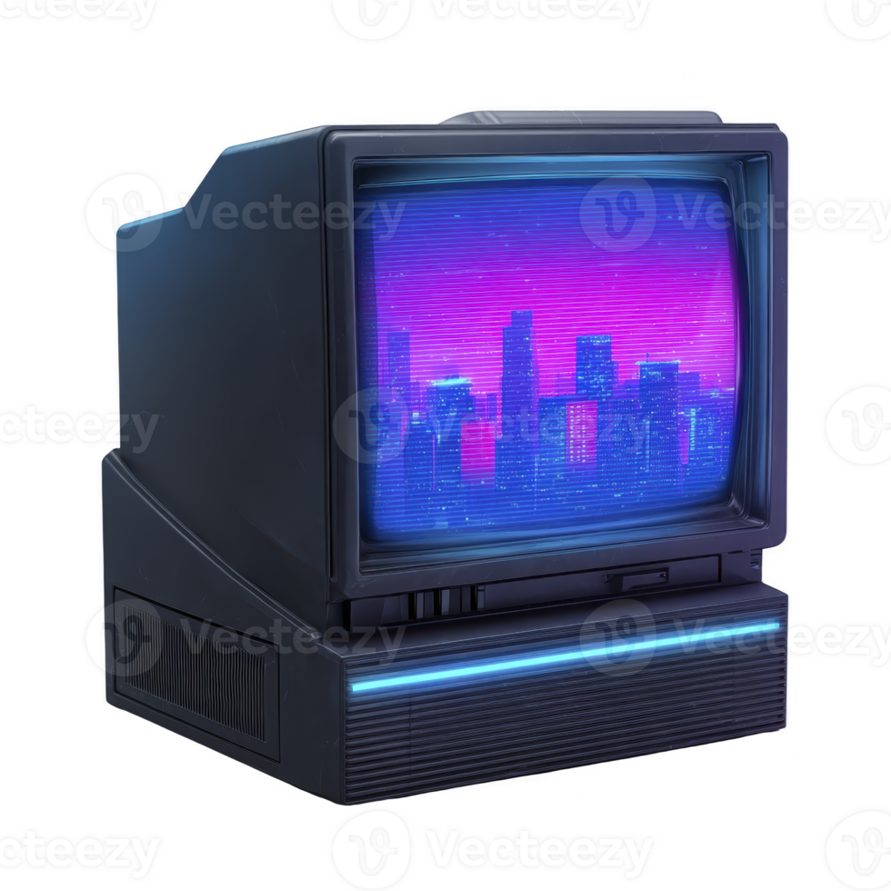 Retro television set displays vibrant, neon cityscape with futuristic vibe, evoking nostalgia and sense of wonder. screen glows with shades of blue and pink, reminiscent of 1980s aesthetics png