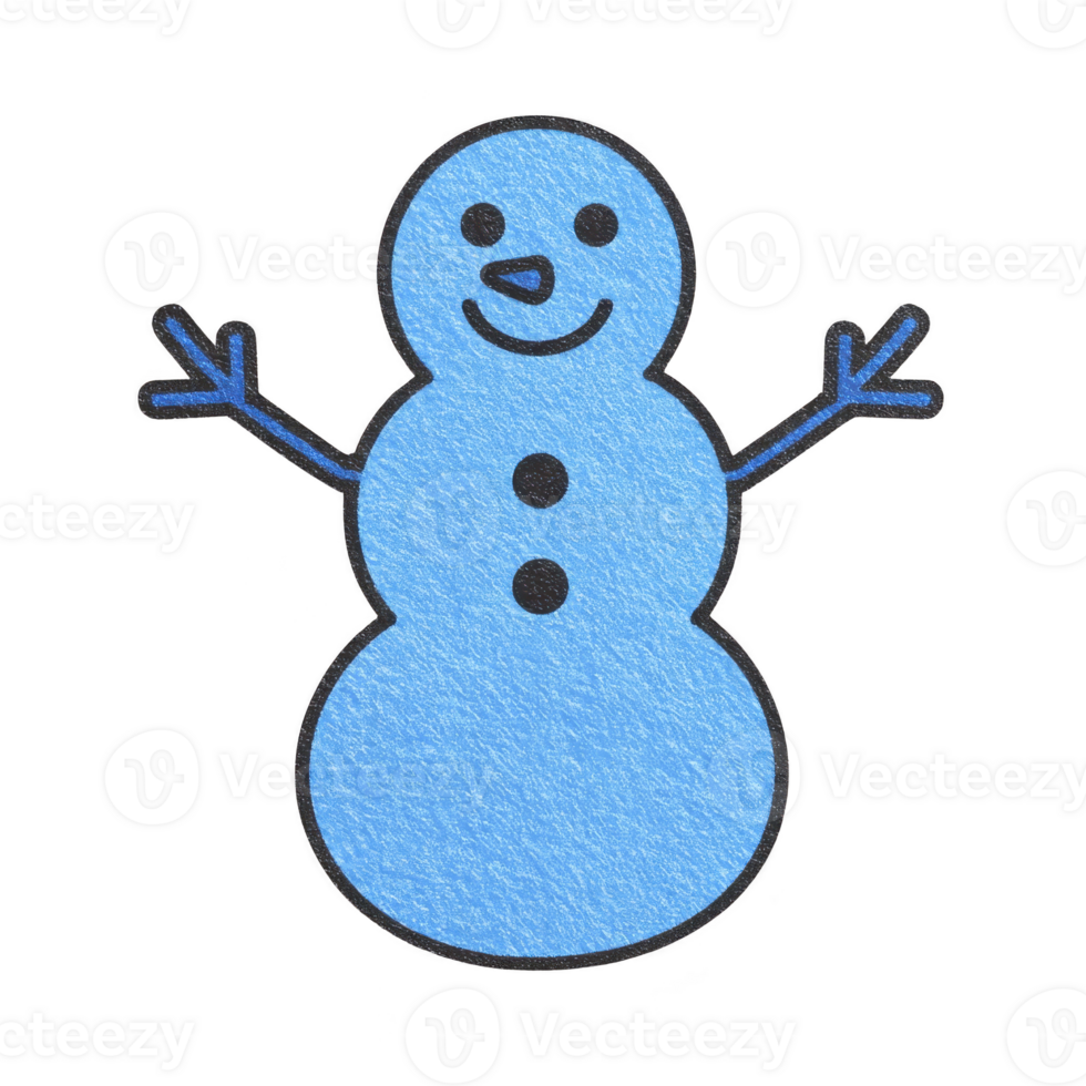 Cheerful blue snowman with smiling face and stick arms, featuring three round sections and buttons, stands out against plain background png