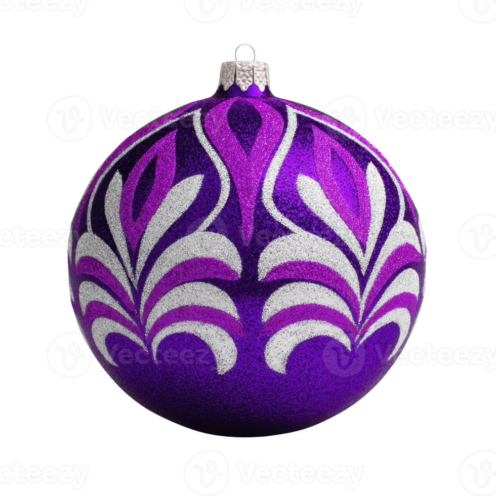 Vibrant purple Christmas ornament with intricate silver patterns, perfect for festive decorations. glittery design adds touch of elegance and holiday cheer png