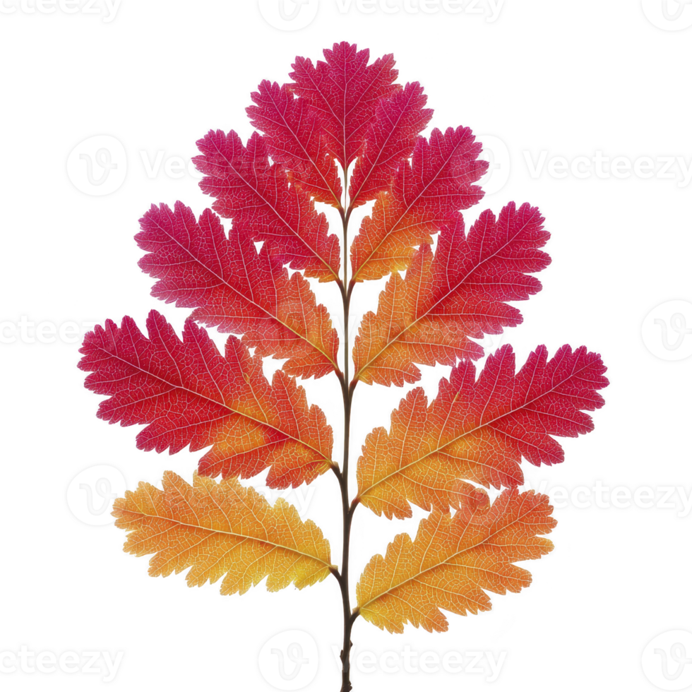 Vibrant autumn leaf with gradient of red, orange, and yellow hues, showcasing intricate vein patterns. leaf symmetrical shape and vivid colors evoke sense of natural beauty and seasonal change png