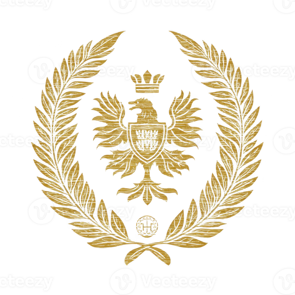 Golden laurel wreath encircling double headed eagle emblem with crown, symbolizing power and prestige. intricate design features detailed feathers and regal elements png