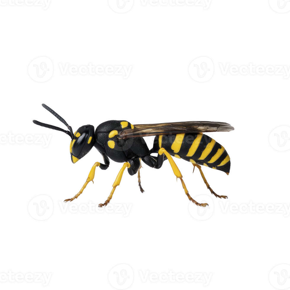 Close up illustration of wasp showcases its distinctive black and yellow striped body, transparent wings, and detailed antennae, highlighting its intricate features png