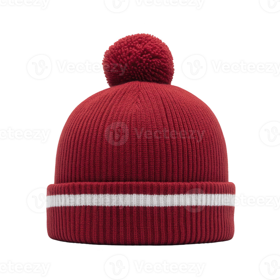 Cozy red knit beanie with pom pom and white stripe, perfect for winter warmth and style. ribbed texture adds classic touch to this fashionable accessory png