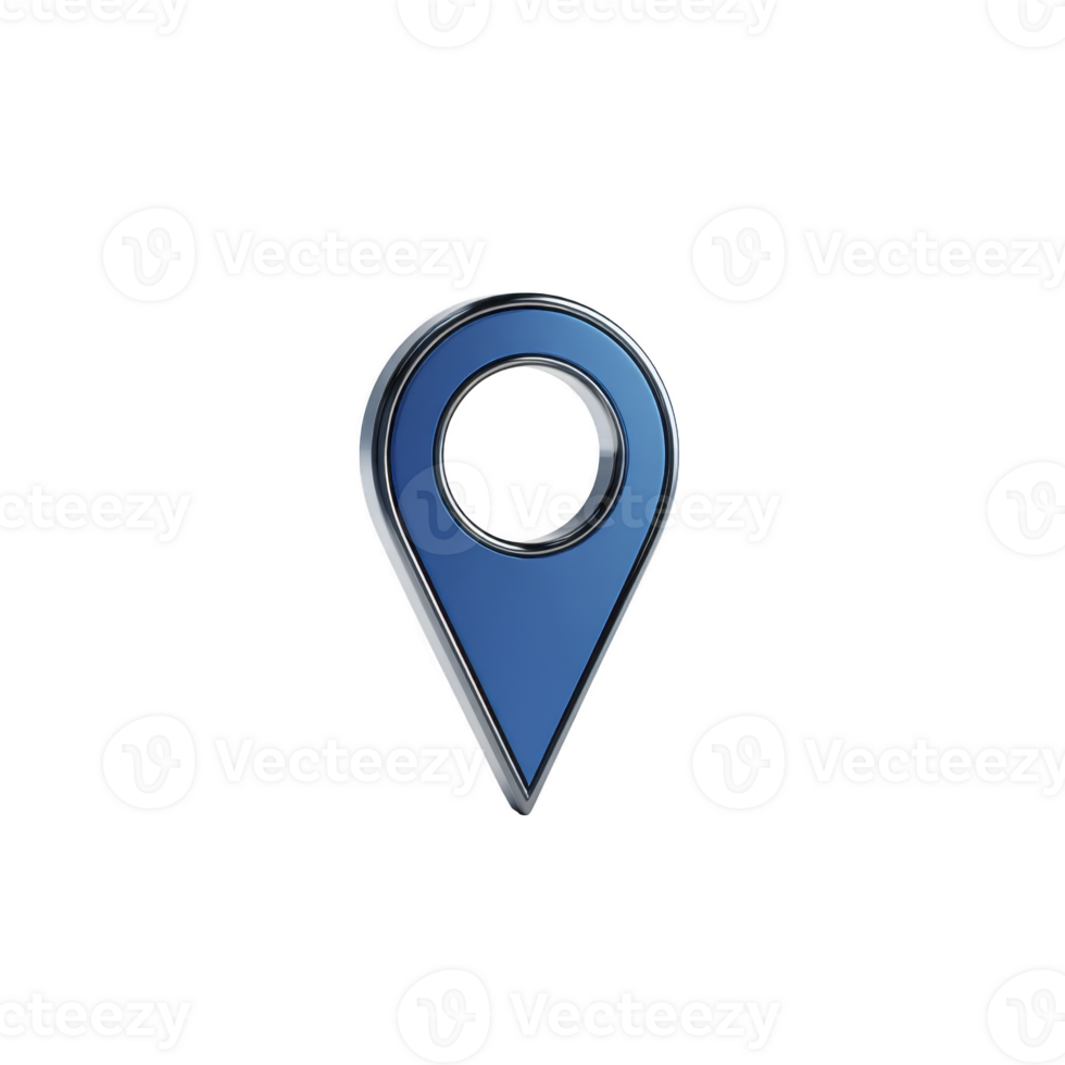 Blue 3D map pin icon with metallic outline, symbolizing location or navigation. design is simple and modern, often used in digital maps and GPS applications png
