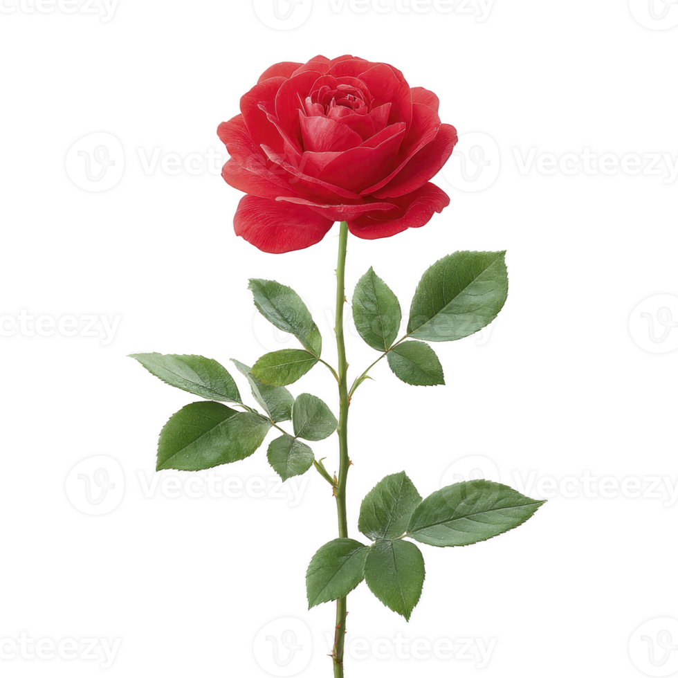 Vibrant red rose with lush green leaves on single stem, symbolizing love and beauty. detailed petals and fresh foliage create classic and elegant floral image png