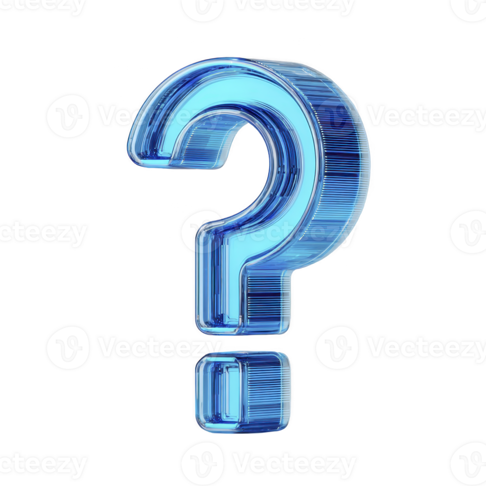 Shiny blue 3D question mark stands out against transparent background, symbolizing curiosity and inquiry. glossy finish and reflective surface add modern touch png