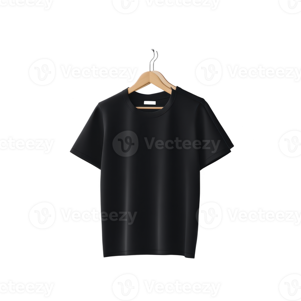 Plain black t shirt is displayed on wooden hanger against transparency background, showcasing its simple and classic design. shirt minimalist style is suitable for various casual occasions png