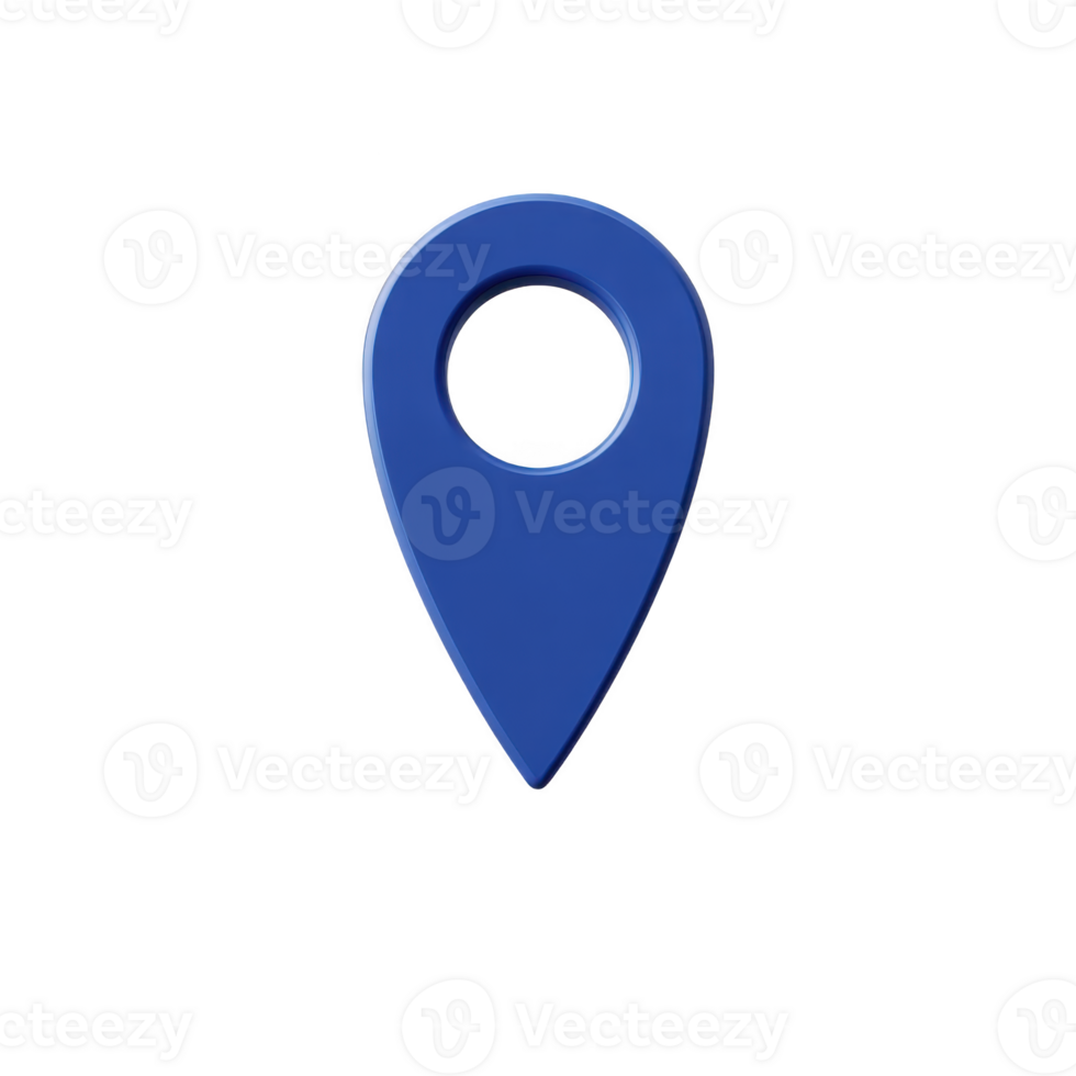 Blue 3D map pin icon with circular hole in center, isolated on transparency background, symbolizing location or navigation png