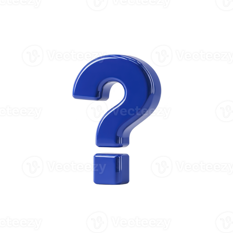 Shiny blue question mark stands out against transparent background, symbolizing inquiry and curiosity. 3D design adds depth and modern touch, making it ideal for digital use png