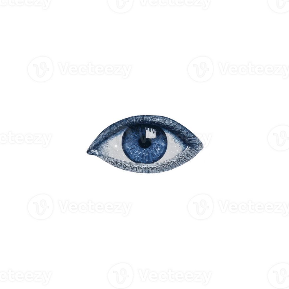 Detailed illustration of blue eye with realistic iris and eyelashes, set against transparent background, conveys sense of focus and observation png