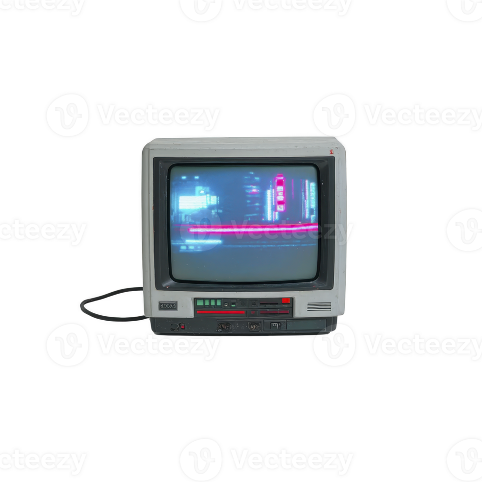 Vintage CRT television displays blurred, neon lit cityscape, evoking retro futuristic vibe. screen glow contrasts with TV aged exterior, creating nostalgic atmosphere png