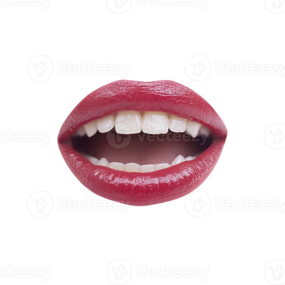Close up of mouth with red lipstick, showing white teeth and smile, isolated on transparency background. image highlights vibrant color and texture of lips png