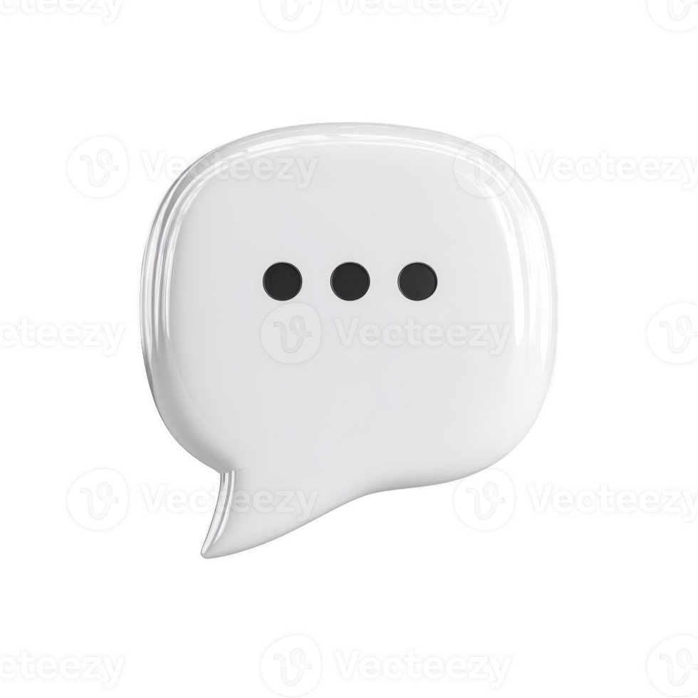 3D white speech bubble icon with three black dots, symbolizing communication or messaging. glossy finish adds modern touch, making it suitable for digital communication themes png