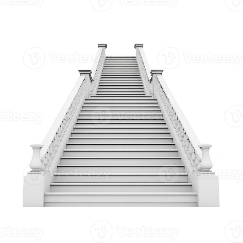 Grand, white staircase with ornate railings ascends into distance, creating sense of elegance and grandeur. perspective emphasizes height and symmetry of structure png