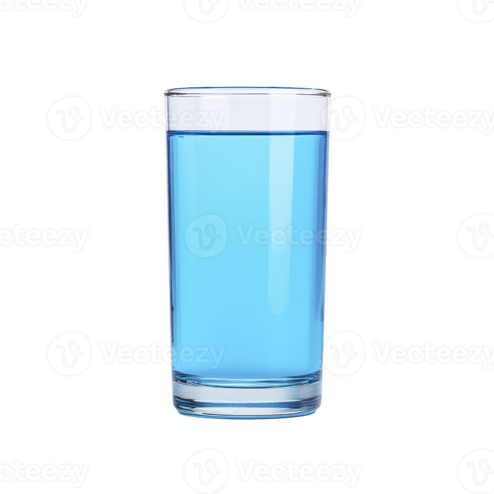 Clear glass filled with blue liquid stands against plain background, showcasing its transparent and reflective properties. vibrant color contrasts with simplicity of glass png