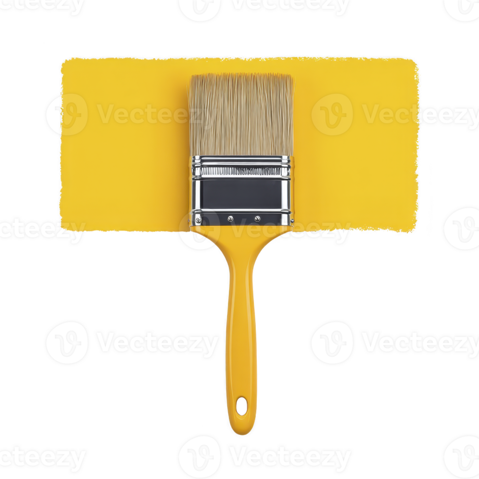 Yellow paintbrush with wooden handle is shown applying vibrant yellow paint stroke on transparency background, creating bold and artistic effect png