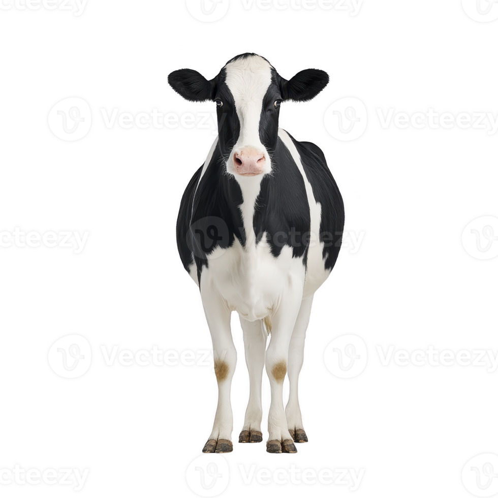 Black and white cow stands facing forward on plain background, showcasing its distinctive markings and calm demeanor png