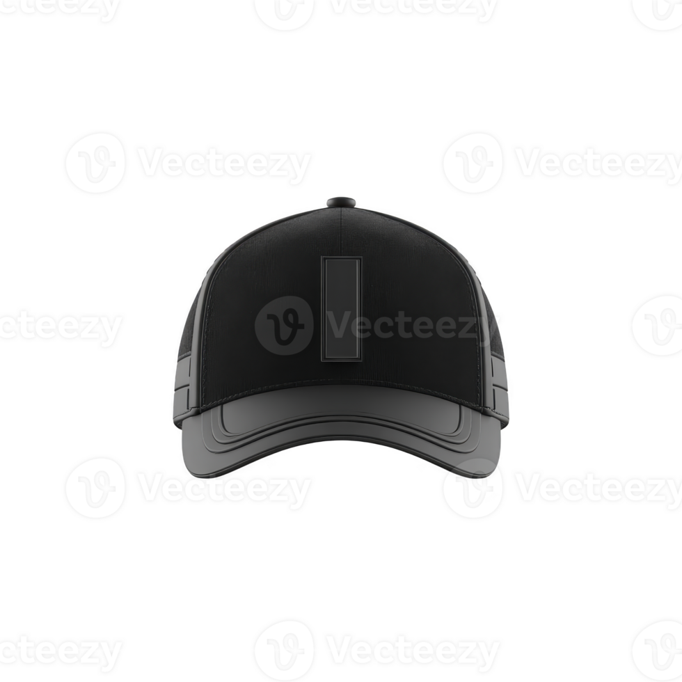 Black baseball cap with minimalist design is displayed against plain background, showcasing its sleek and modern style. cap features curved brim and structured crown png