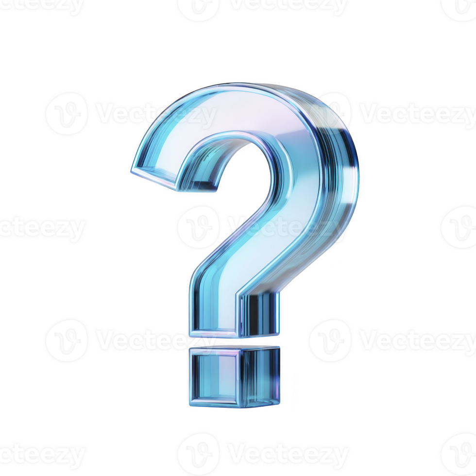 Shiny, reflective blue question mark stands out against transparency background, symbolizing curiosity and inquiry. 3D design adds depth and intrigue to image png