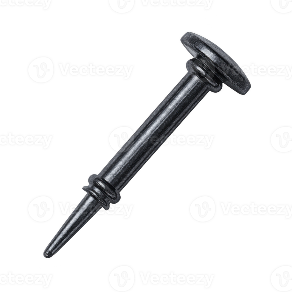 Single black pushpin is isolated transparency background, showcasing its sharp point and round head. image highlights simplicity and utility of pushpin, often used for securing papers or notes png