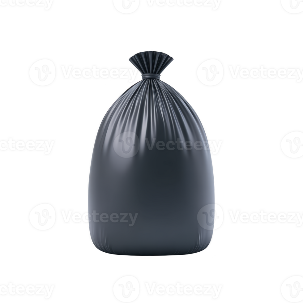 Large black garbage bag is tightly tied at top, creating neat and secure closure. bag is full, with smooth, shiny surface reflecting light png