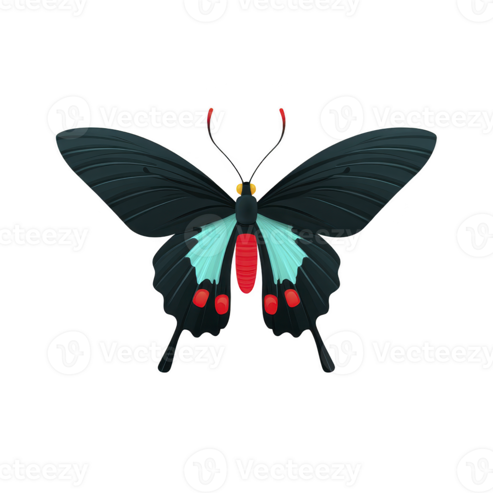 Vibrant butterfly with striking black wings, accented by bright red and turquoise markings, is depicted in symmetrical, artistic style. butterfly antennae and body add to its elegant appearance png