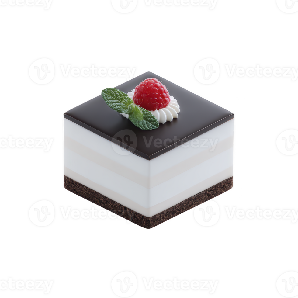 Square layered dessert with chocolate glaze, topped with raspberry and mint leaves, sits elegantly on transparency background. dessert layers create visually appealing contrast png